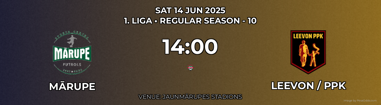 Mārupe vs Leevon / PPK Prediction match poster for 1. Liga fixture on SAT 14 JUN 2025