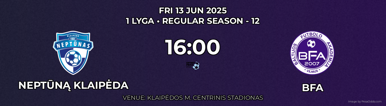 Neptūną Klaipėda vs BFA Prediction match poster for 1 Lyga fixture on FRI 13 JUN 2025