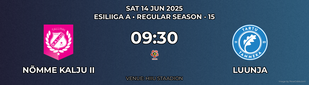 Nõmme Kalju II vs Luunja Prediction match poster for Esiliiga A fixture on SAT 14 JUN 2025