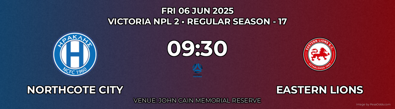 Northcote City vs Eastern Lions Prediction match poster for Victoria NPL 2 fixture on FRI 06 JUN 2025