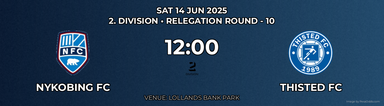 Nykobing FC vs Thisted FC Prediction match poster for 2. Division fixture on SAT 14 JUN 2025