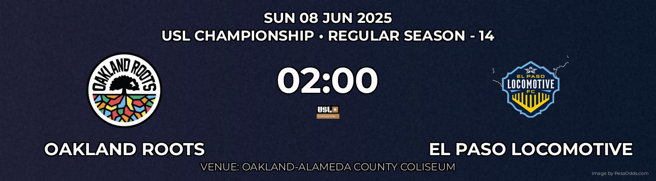 Oakland Roots vs El Paso Locomotive Prediction match poster for USL Championship fixture on SUN 08 JUN 2025