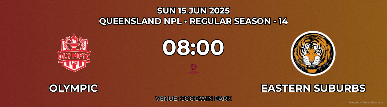 Olympic vs Eastern Suburbs Prediction match poster for Queensland NPL fixture on SUN 15 JUN 2025