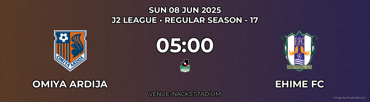 Omiya Ardija vs Ehime FC Prediction match poster for J2 League fixture on SUN 08 JUN 2025