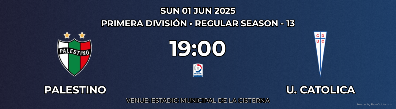 Palestino vs U. Catolica Prediction match poster for Primera División fixture on SUN 01 JUN 2025
