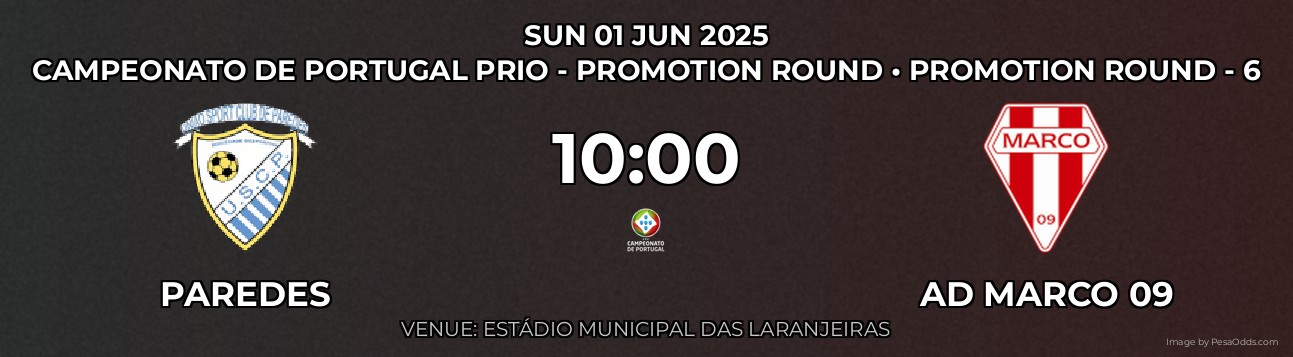 Paredes vs AD Marco 09 Prediction match poster for Campeonato de Portugal Prio - Promotion Round fixture on SUN 01 JUN 2025