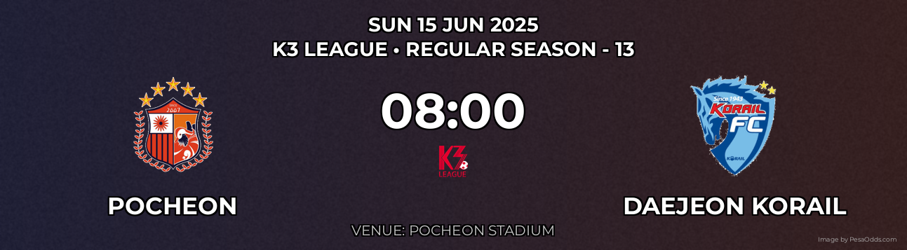 Pocheon vs Daejeon Korail Prediction match poster for K3 League fixture on SUN 15 JUN 2025