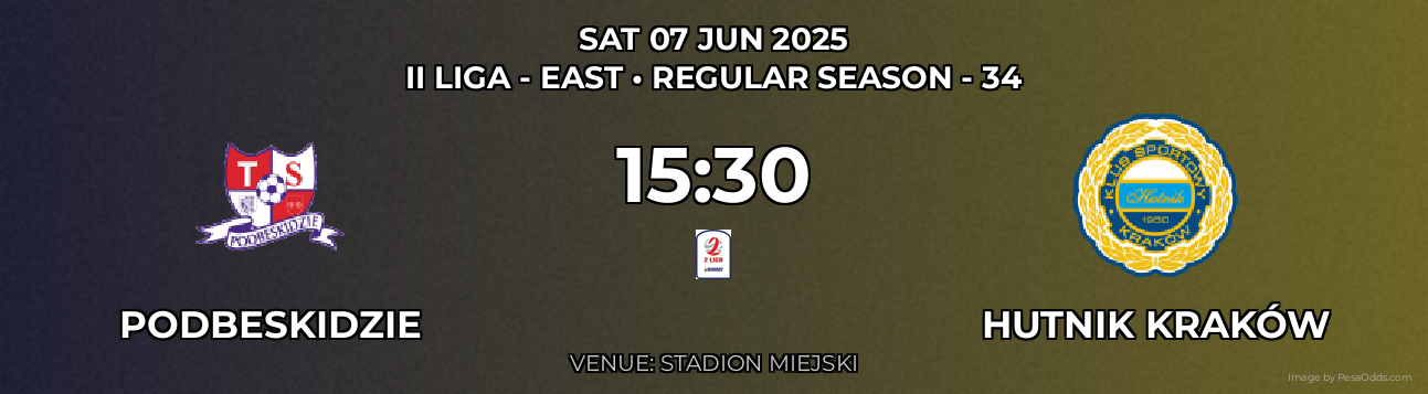 Podbeskidzie vs Hutnik Kraków Prediction match poster for II Liga - East fixture on SAT 07 JUN 2025