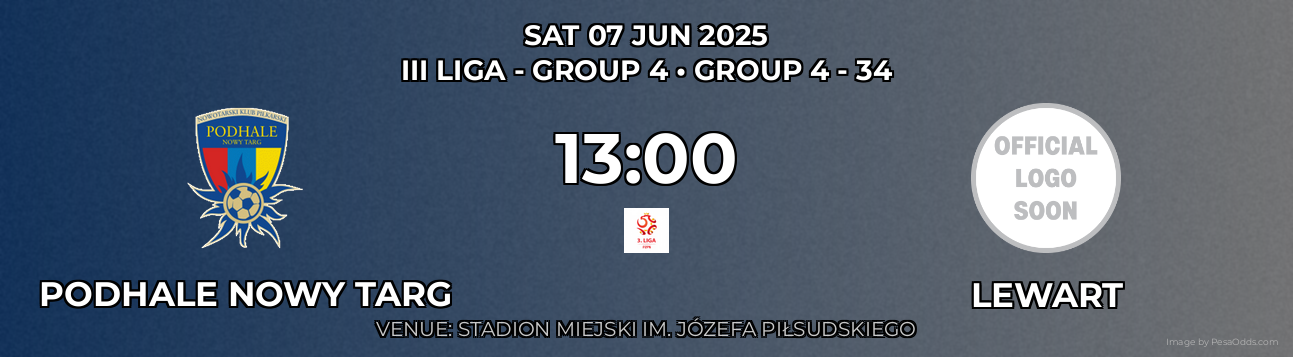 Podhale Nowy Targ vs Lewart Prediction match poster for III Liga - Group 4 fixture on SAT 07 JUN 2025