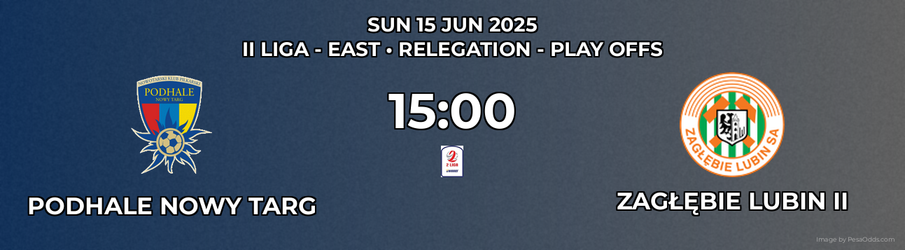 Podhale Nowy Targ vs Zagłębie Lubin II Prediction match poster for II Liga - East fixture on SUN 15 JUN 2025