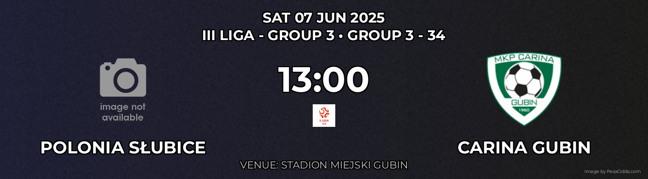 Polonia Słubice vs Carina Gubin Prediction match poster for III Liga - Group 3 fixture on SAT 07 JUN 2025