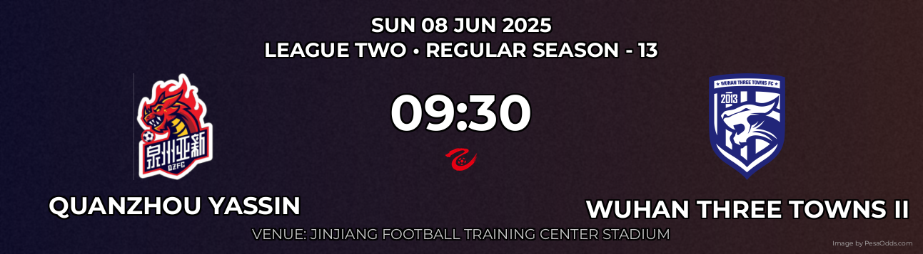 Quanzhou Yassin vs Wuhan Three Towns II Prediction match poster for League Two fixture on SUN 08 JUN 2025