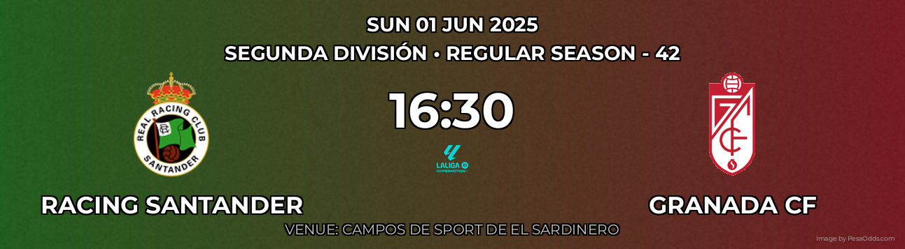 Racing Santander vs Granada CF Prediction match poster for Segunda División fixture on SUN 01 JUN 2025