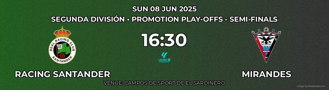 Racing Santander vs Mirandes Prediction match poster for Segunda División fixture on SUN 08 JUN 2025
