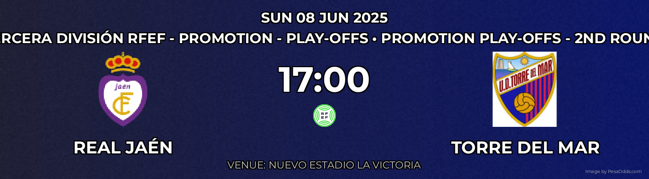 Real Jaén vs Torre del Mar Prediction match poster for Tercera División RFEF - Promotion - Play-offs fixture on SUN 08 JUN 2025