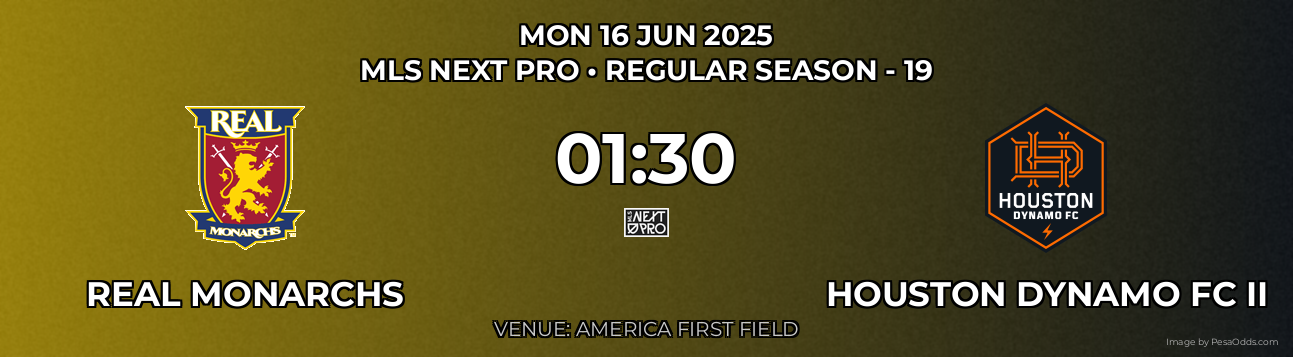 Real Monarchs vs Houston Dynamo FC II Prediction match poster for MLS Next Pro fixture on MON 16 JUN 2025