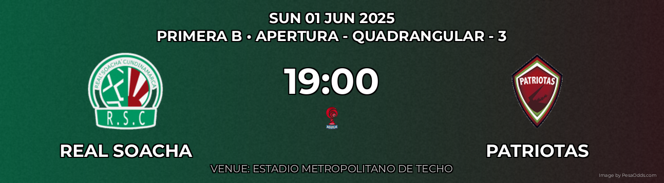 Real Soacha vs Patriotas Prediction match poster for Primera B fixture on SUN 01 JUN 2025