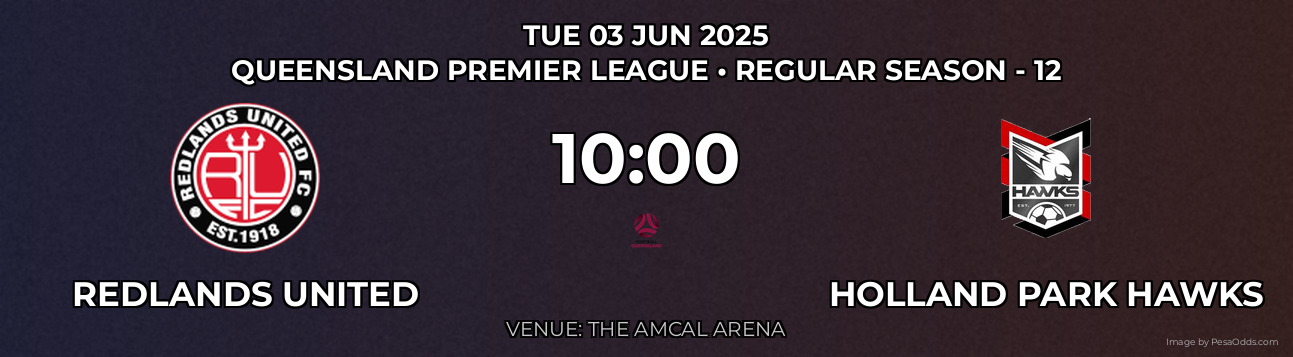 Redlands United vs Holland Park Hawks Prediction match poster for Queensland Premier League fixture on TUE 03 JUN 2025