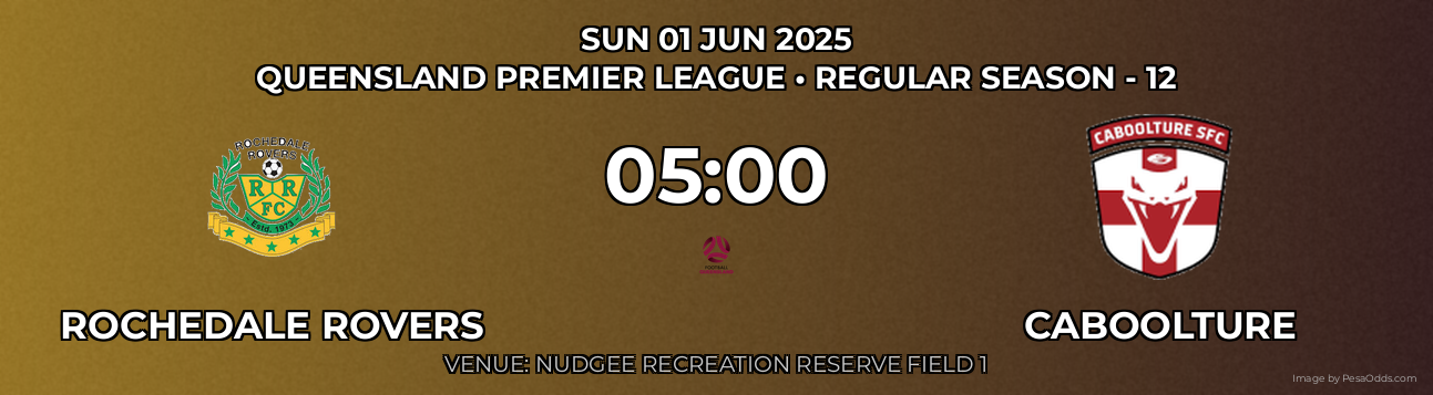 Rochedale Rovers vs Caboolture Prediction match poster for Queensland Premier League fixture on SUN 01 JUN 2025