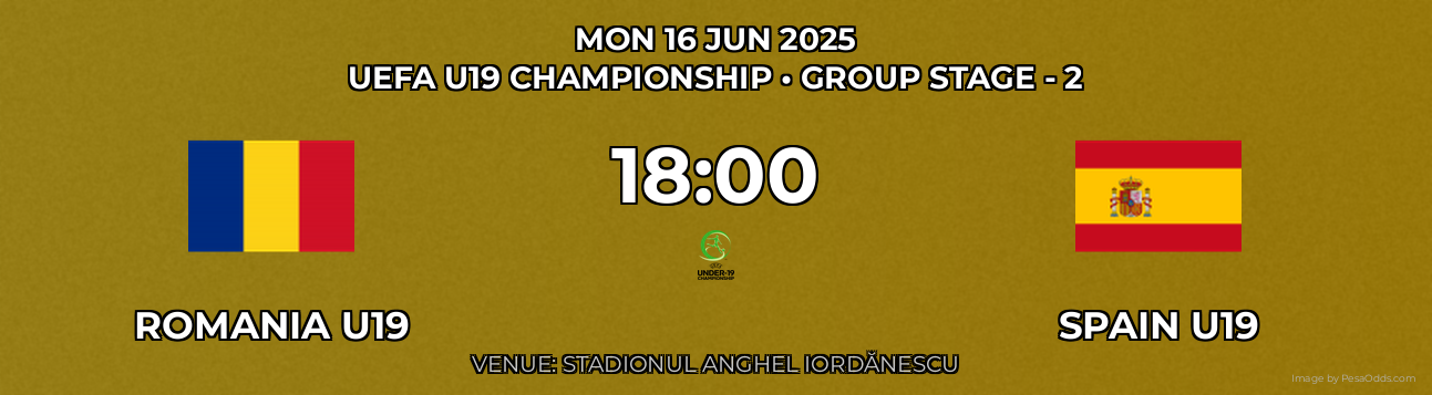 Romania U19 vs Spain U19 Prediction match poster for UEFA U19 Championship fixture on MON 16 JUN 2025