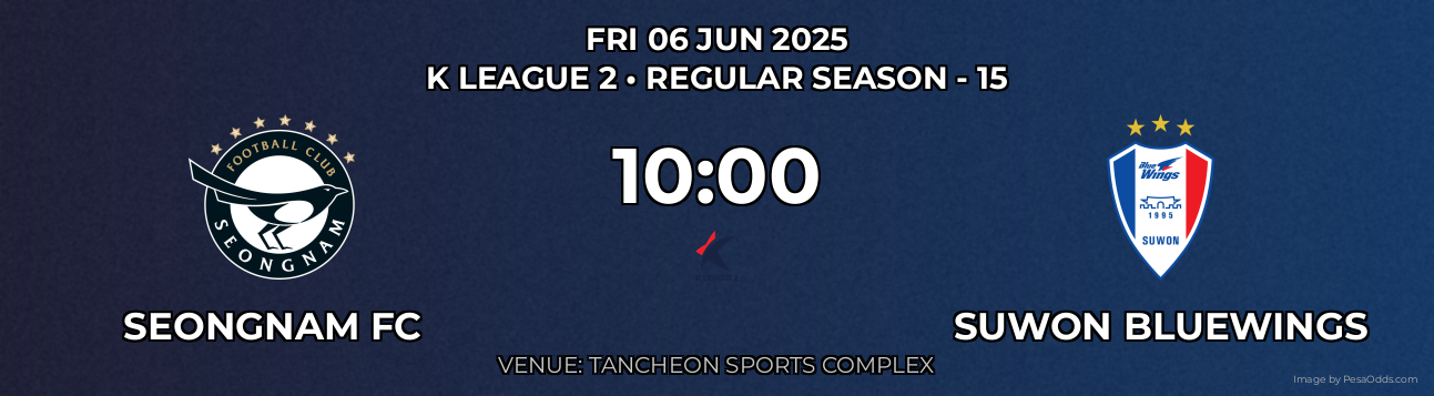 Seongnam FC vs Suwon Bluewings Prediction match poster for K League 2 fixture on FRI 06 JUN 2025