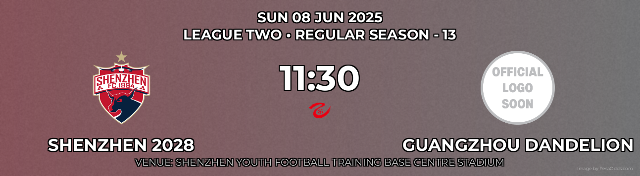 Shenzhen 2028 vs Guangzhou Dandelion Prediction match poster for League Two fixture on SUN 08 JUN 2025