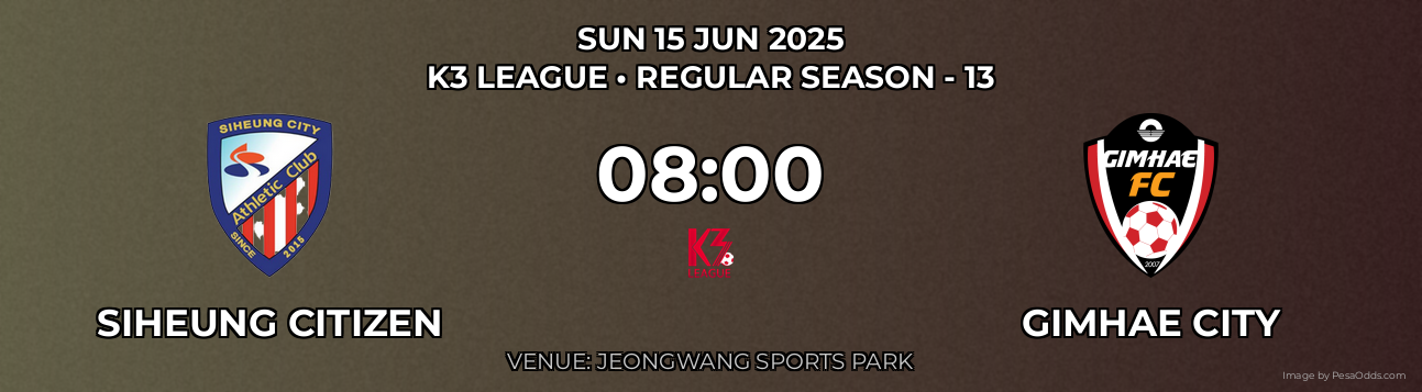 Siheung Citizen vs Gimhae City Prediction match poster for K3 League fixture on SUN 15 JUN 2025