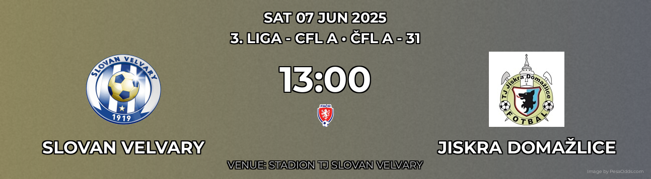 Slovan Velvary vs Jiskra Domažlice Prediction match poster for 3. liga - CFL A fixture on SAT 07 JUN 2025