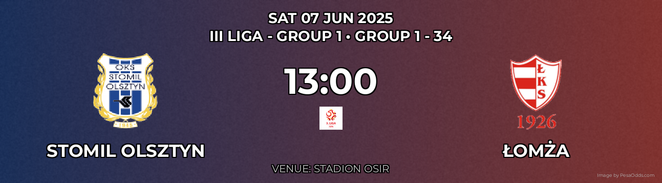 Stomil Olsztyn vs Łomża Prediction match poster for III Liga - Group 1 fixture on SAT 07 JUN 2025