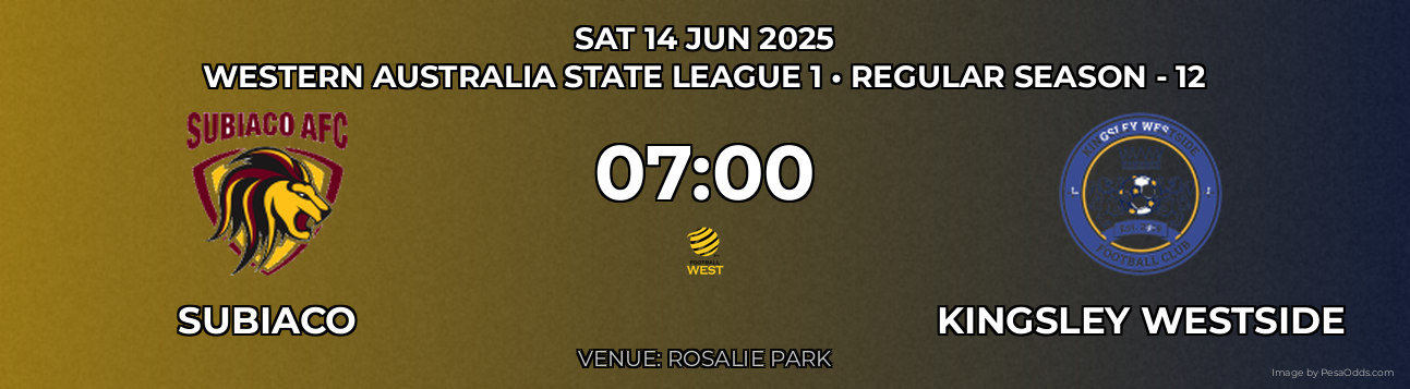 Subiaco vs Kingsley Westside Prediction match poster for Western Australia State League 1 fixture on SAT 14 JUN 2025