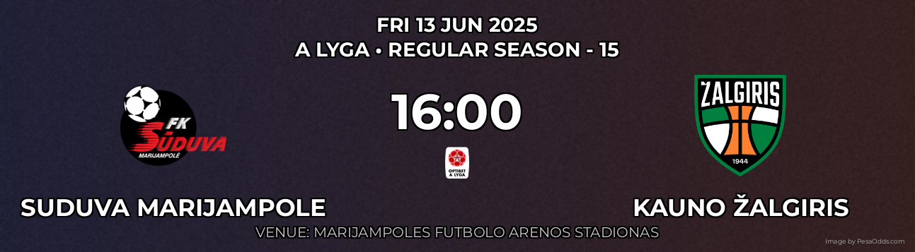 Suduva Marijampole vs Kauno Žalgiris Prediction match poster for A Lyga fixture on FRI 13 JUN 2025