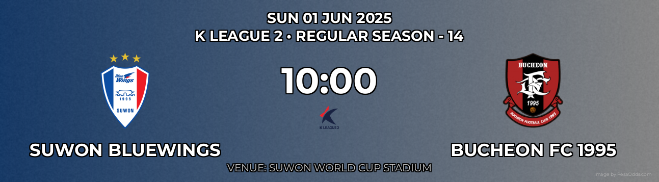 Suwon Bluewings vs Bucheon FC 1995 Prediction match poster for K League 2 fixture on SUN 01 JUN 2025