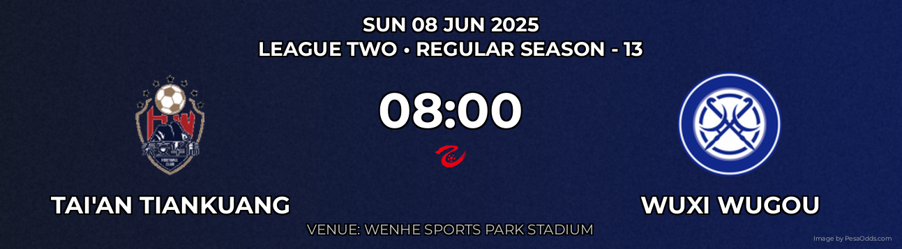 Tai'an Tiankuang vs Wuxi Wugou Prediction match poster for League Two fixture on SUN 08 JUN 2025
