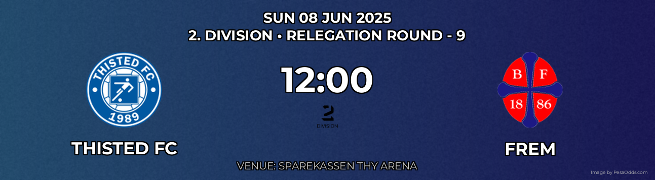 Thisted FC vs Frem Prediction match poster for 2. Division fixture on SUN 08 JUN 2025