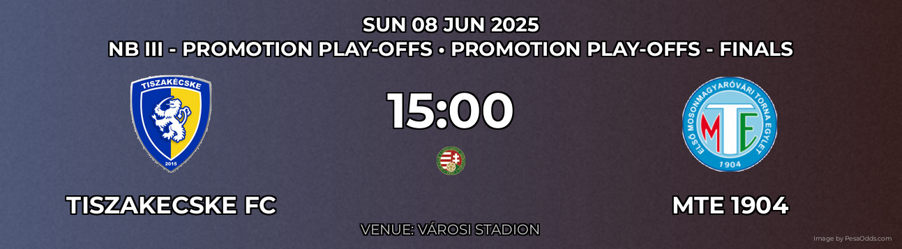 Tiszakecske FC vs MTE 1904 Prediction match poster for NB III - Promotion Play-offs fixture on SUN 08 JUN 2025