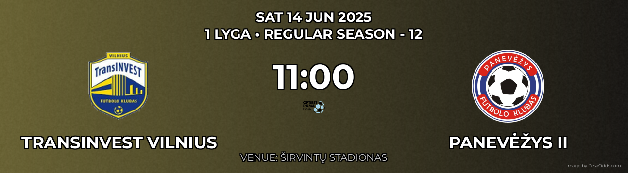 TransINVEST Vilnius vs Panevėžys II Prediction match poster for 1 Lyga fixture on SAT 14 JUN 2025