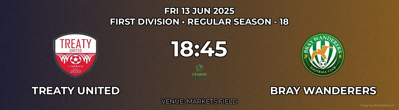 Treaty United vs Bray Wanderers Prediction match poster for First Division fixture on FRI 13 JUN 2025