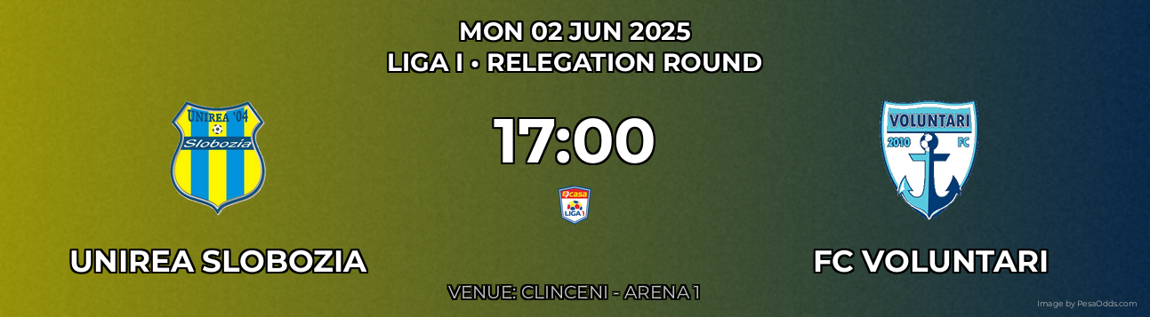 Unirea Slobozia vs FC Voluntari Prediction match poster for Liga I fixture on MON 02 JUN 2025