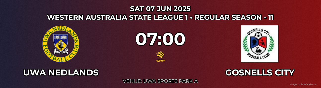 UWA Nedlands vs Gosnells City Prediction match poster for Western Australia State League 1 fixture on SAT 07 JUN 2025