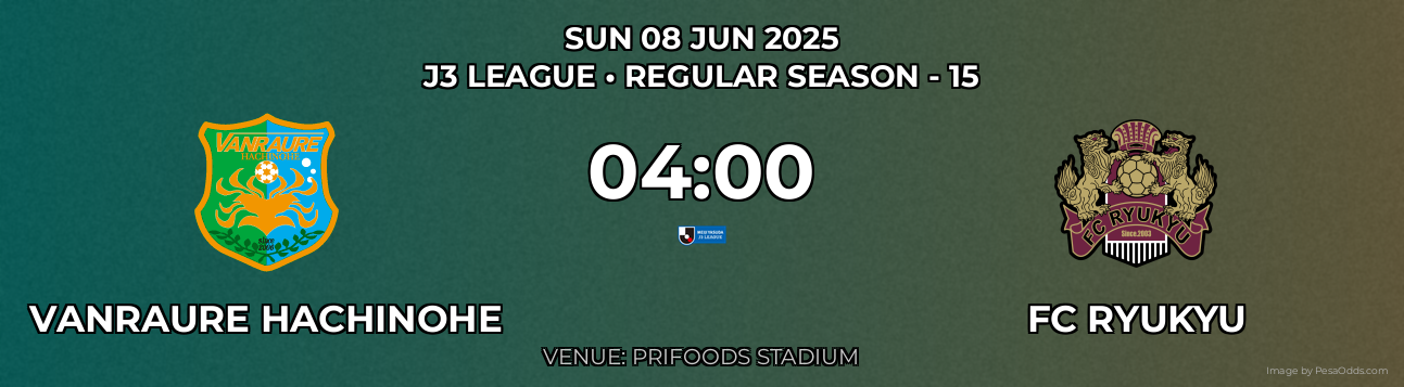 Vanraure Hachinohe vs FC Ryukyu Prediction match poster for J3 League fixture on SUN 08 JUN 2025