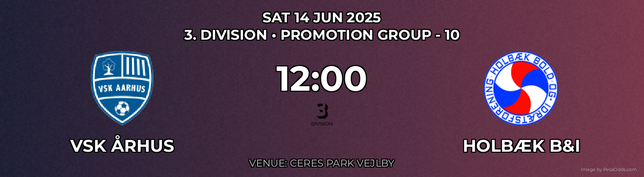 VSK Århus vs Holbæk B&I Prediction match poster for 3. Division fixture on SAT 14 JUN 2025