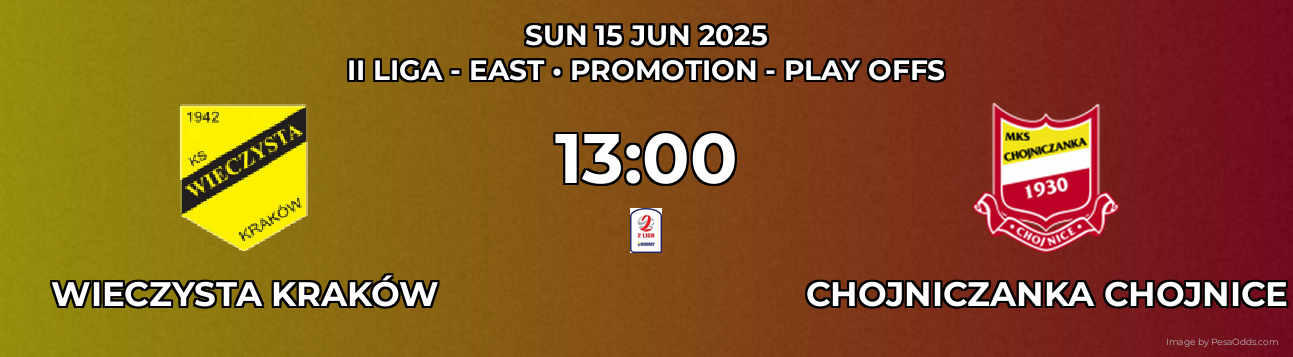 Wieczysta Kraków vs Chojniczanka Chojnice Prediction match poster for II Liga - East fixture on SUN 15 JUN 2025