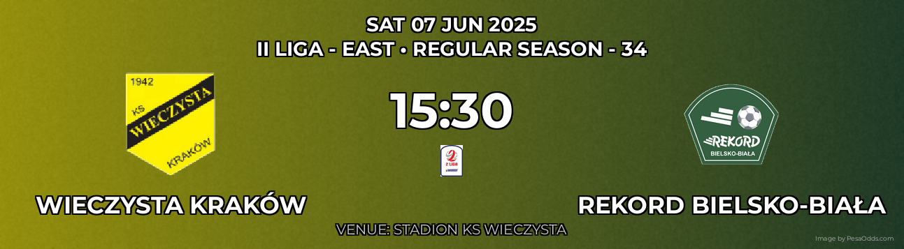 Wieczysta Kraków vs Rekord Bielsko-Biała Prediction match poster for II Liga - East fixture on SAT 07 JUN 2025