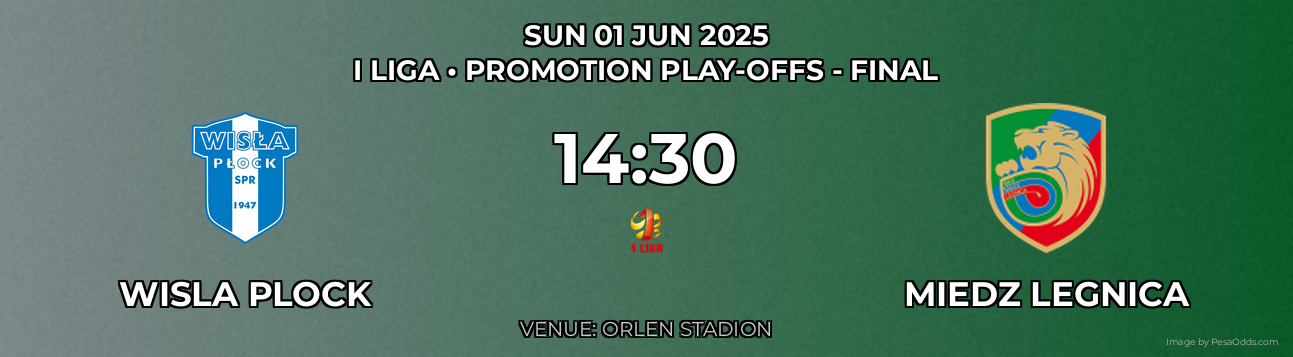 Wisla Plock vs Miedz Legnica Prediction match poster for I Liga fixture on SUN 01 JUN 2025