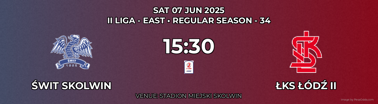 Świt Skolwin vs ŁKS Łódź II Prediction match poster for II Liga - East fixture on SAT 07 JUN 2025